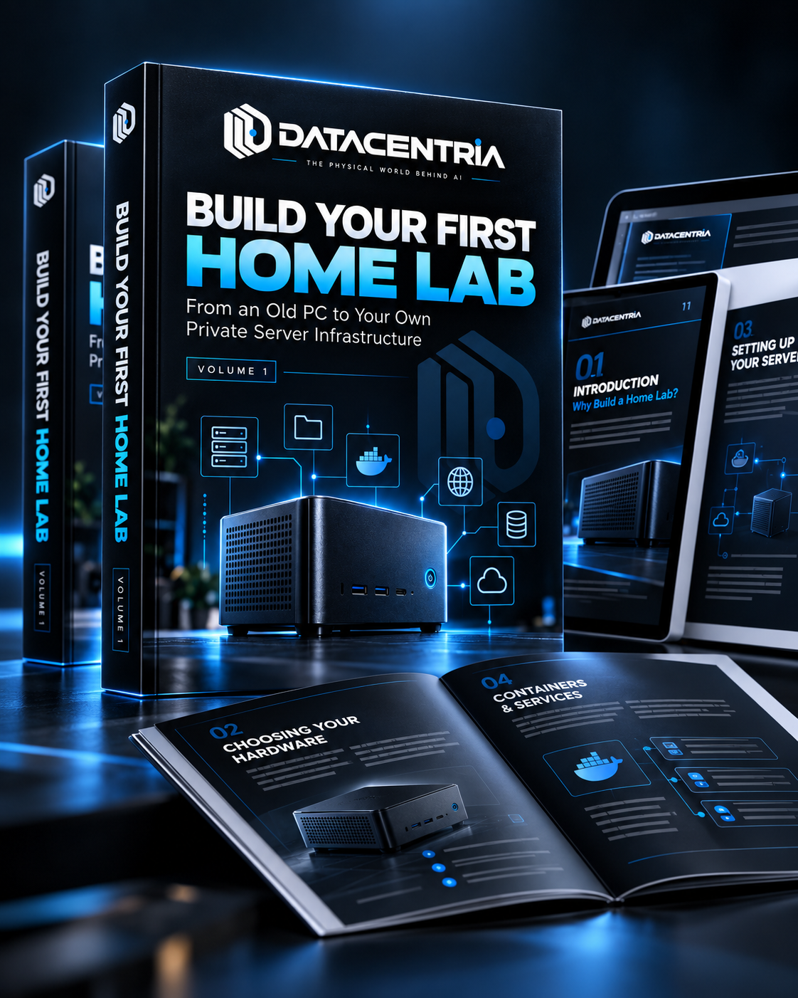 Build Your First Home Lab digital guide shown as an ebook and on screens